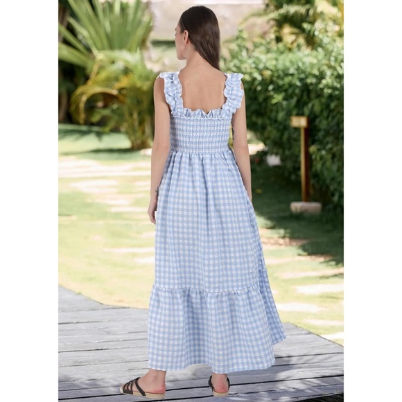 Gingham Print Plaid Smocked Spaghetti Straps Flouncy Long Dress in Blue - Picture 5 of 6